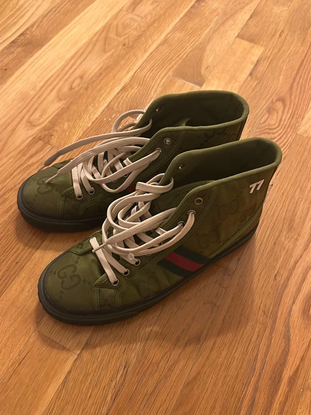 Gucci Olive High-Top Sneakers with Red and Blue Stripe